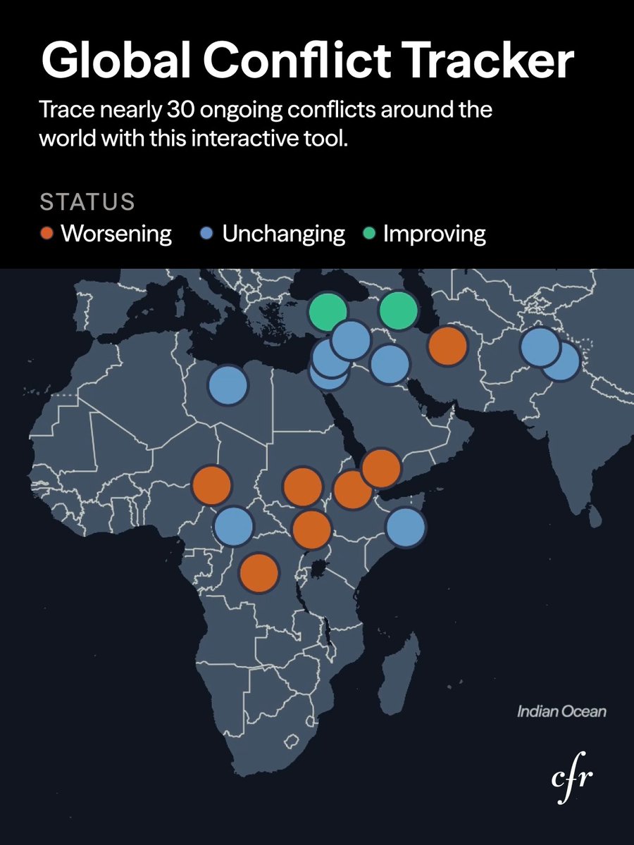 Our Global Conflict Tracker traces ongoing armed conflicts around the world. It includes background information, the latest news developments, conflict status assessments, and resources for further research—all updated regularly. Use the interactive tool to learn more: