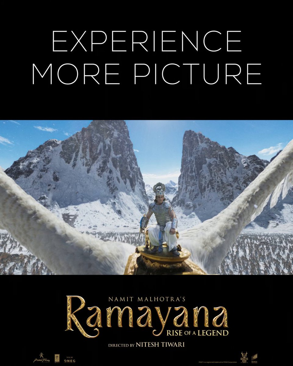 A legend of this scale deserves to be seen in all its glory. 🏹✨ Experience the grandeur of Ramayana, filmed for IMAX. 🎬 #Ramayana releasing at PVR INOX on Nov 5! Book now: . . . #RanbirKapoor #SaiPallavi #Yash #SunnyDeol #RavieDubey #ArunGovil #LaraDutta #RakulPreetSingh Credits: Prime Focus Studios, DNEG, Monster Mind Creations & Sony Music India. All rights belong to their respective owners.