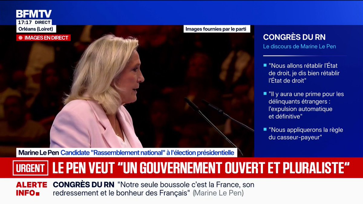 "Mon Premier ministre sera Jordan Bardella, il sera le chef d'un gouvernement ouvert et pluraliste", déclare Marine Le Pen, candidate RN à l'élection présidentielle
