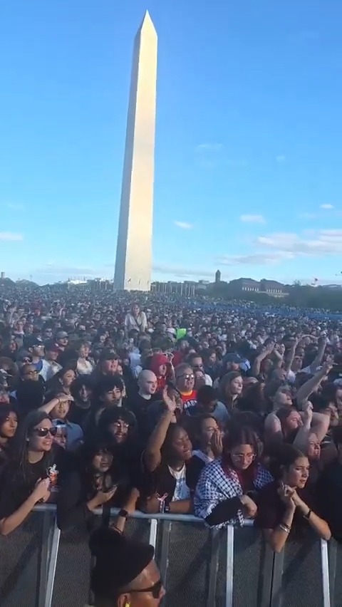 A crowd of tens of thousands of people on the National Mall in Washington, DC shout "Free Palestine" at a benefit concert by the band Turnstile. A slogan that means making Palestine Jew-free has become a fun chant at concerts. This is a hate rally.