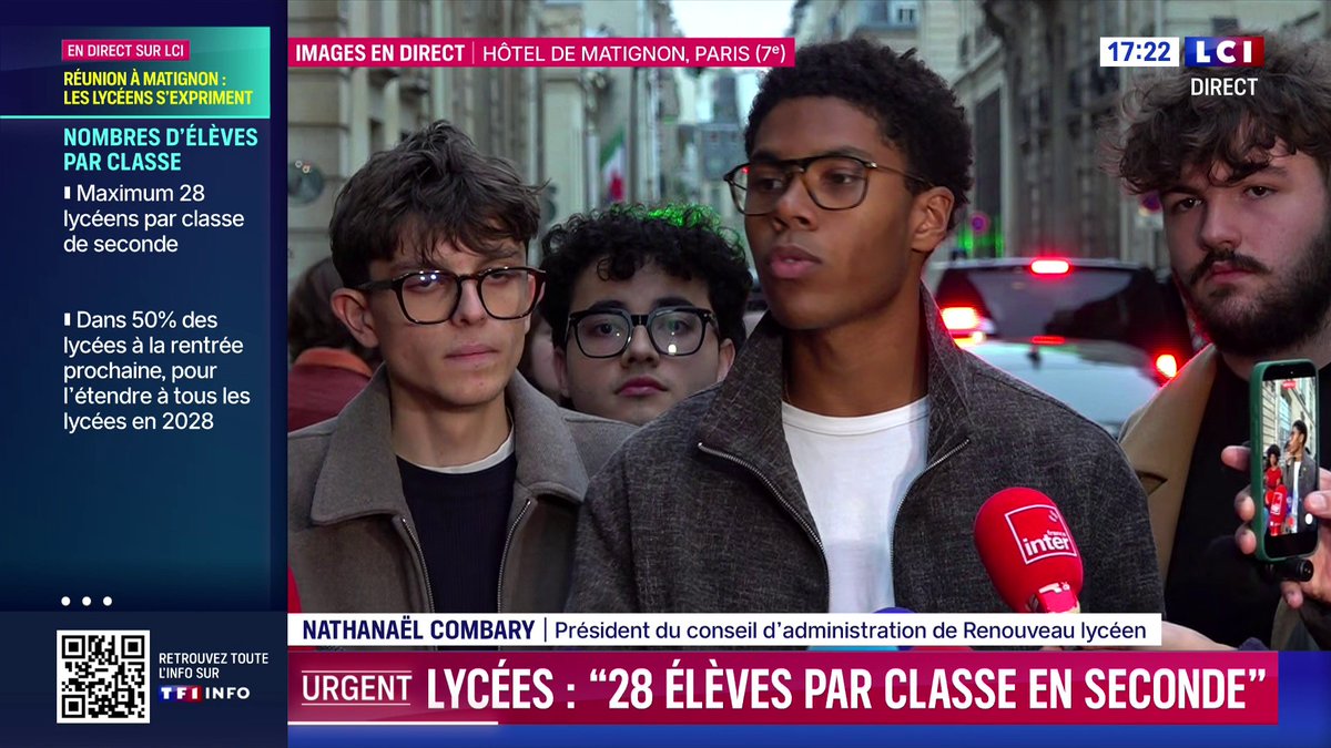 🔴 Mouvement lycéen : "On appelle les lycéens à poursuivre la mobilisation, notamment samedi" 31 octobre, ajoute Nathanaël Combary, président du conseil d'administration du Renouveau lycéen, ➡️ Les organisations lycéennes ont été reçues, à Matignon, ce lundi