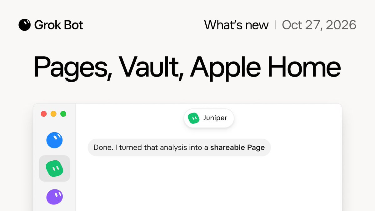 What's New in Grok Bot 00:00 🎃 00:13 Pages in Grok Bot 01:09 Vault 02:05 1Password 02:21 Apple integrations 03:21 Bot makes videos 03:47 New bot characters 04:13 X Spaces 04:31 Font fun 04:54 Design polish 05:11 Rapid fire