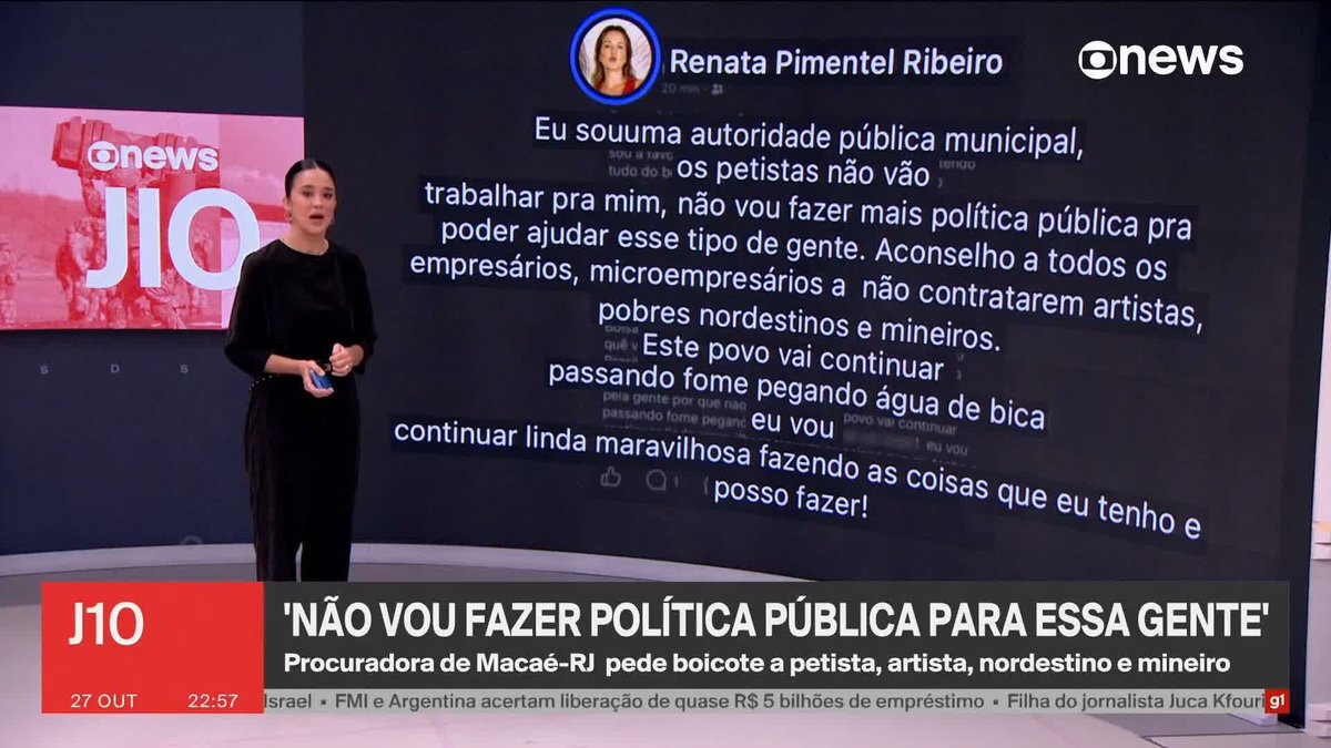 Procuradora de Macaé pede boicote a petistas: "Não vou mais fazer política pública para ajudar esse tipo de gente". ➡️ #J10- de segunda a sexta, às 22h, na #GloboNews. Assista na TV e no #Globoplay