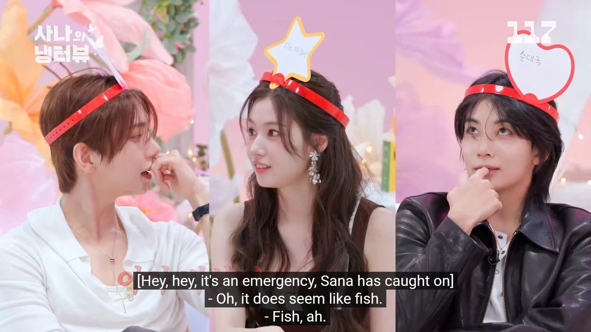 Sana, Jeonghan, and Joshua playing 'Guess the Food on Your Head' SANA: Hitsumabushi JEONGHAN: Blood sausage soup JOSHUA: Aglio e olio