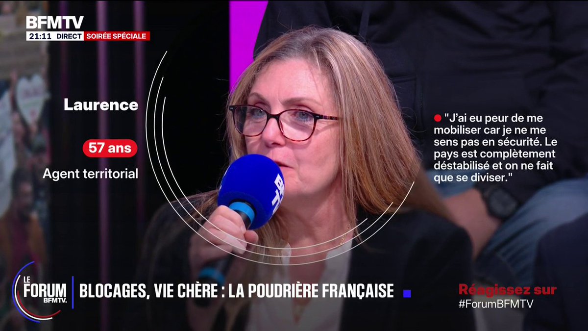 FORUM BFMTV – Manifestations: "On a fini par prendre des anxiolytiques", témoigne Laurence, agente territoriale dans le Rhône, éprouvée par les débordements #forumbfmtv