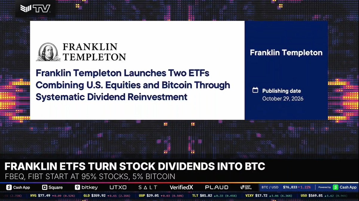 JUST IN: 🇺🇸 $1.8 trillion Franklin Templeton has launched two new Bitcoin ETFs, giving holders 95% exposure to stocks and 5% to Bitcoin. The 'FBEQ' and 'FIBT' ETFs will reinvest stock dividends into Bitcoin! 🚀